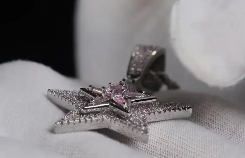 BiG-BOSS Krishnavii KP 078 Luxury Star Pendant for Men Women Iced Pink Cushion Cut Moissanite Channel Set Sterling Silver Hip Hop Jewelry