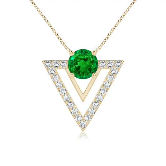 14k Solid Gold Natural Round Cut Emerald & Diamond Triangular Taurus Pendant Fine Jewelry Party Wear Stylish Link Chain Necklace