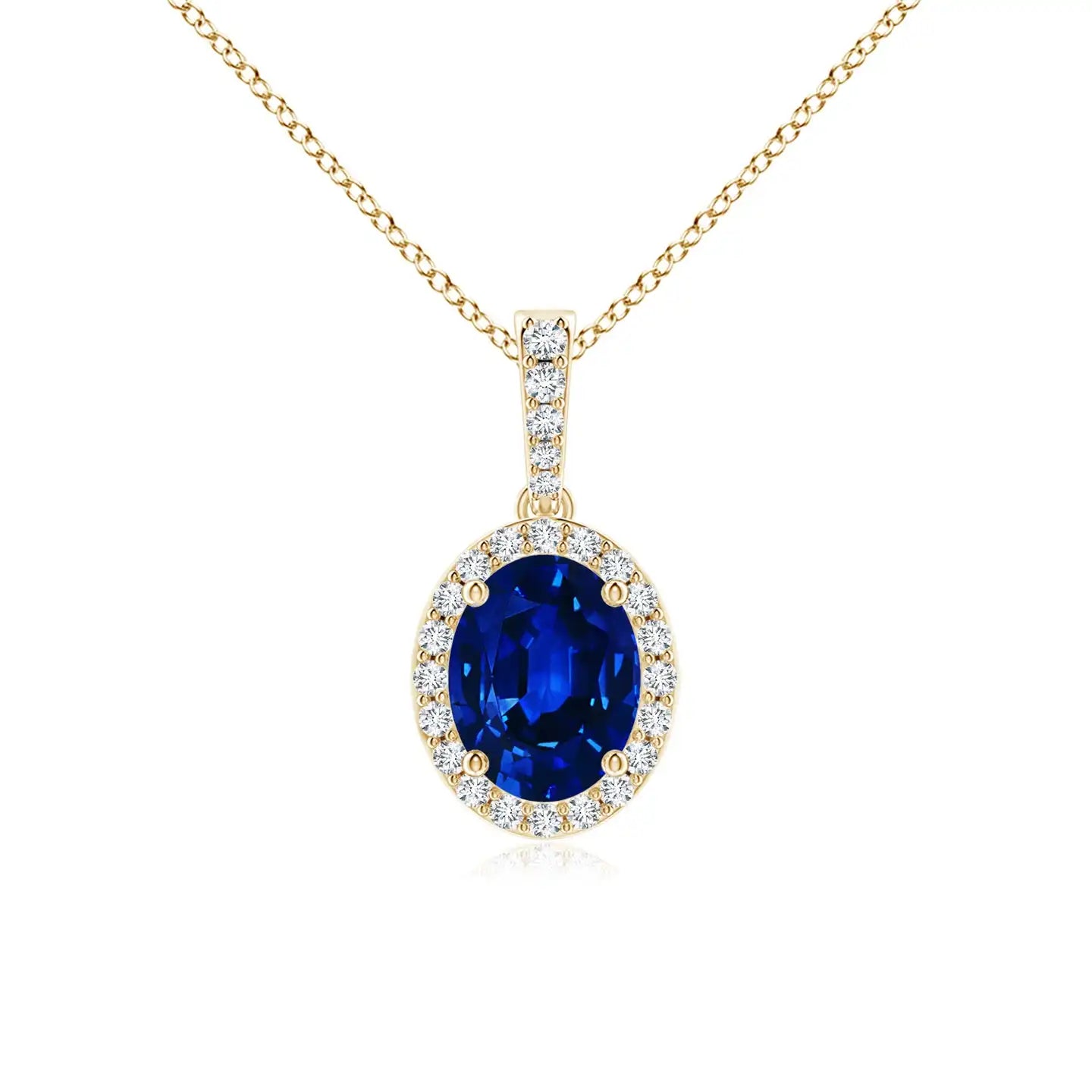 Vintage Style Geometric Oval Cut Blue Sapphire Pendant With Diamond Halo Link Chain Necklace 14K Pure Gold 2026 Luxury Pendant