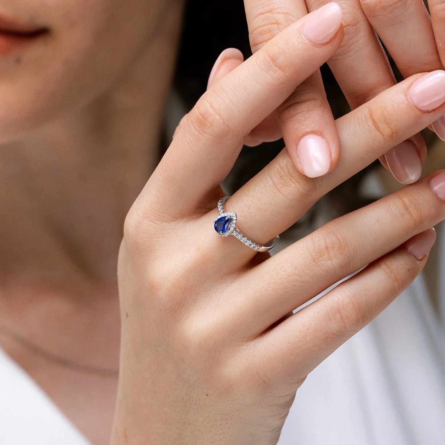 Elegant 14K Gold 0.44ct Pear Cut Blue Sapphire Halo Ring Pave Setting Certified Diamond Band Custom Fine Jewelry Engagement Ring