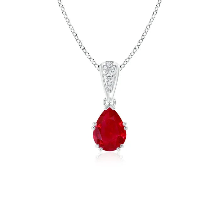 IGI Certified 18K Gold Vintage Style 7*5MM 0.6 Ctw Pear Cut Natural Ruby Gemstone Drop Pendant With 0.11Ctw Diamond Inlaid Bale