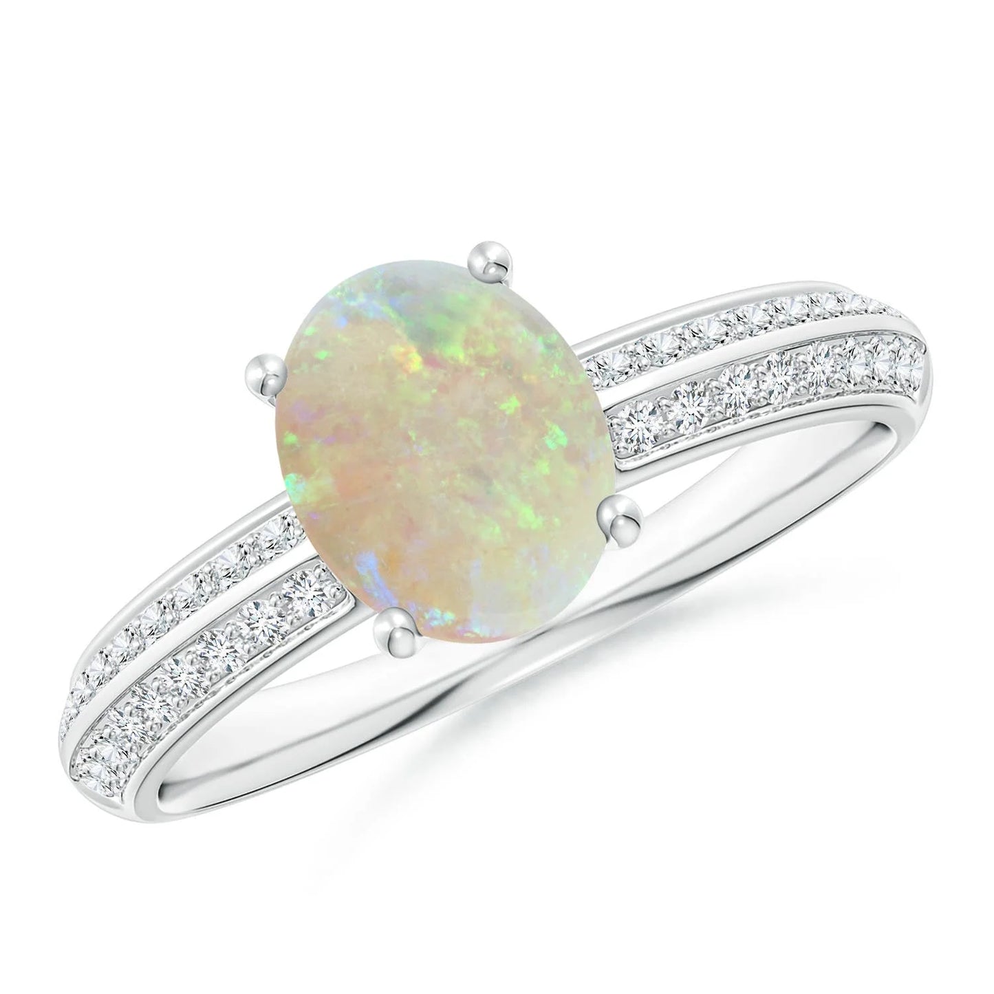 14K Pure Gold Classic Oval Cut Natural Ethiopian Opal Knife Edge Ring Pave Setting Round Cut Accent Diamond Dual Side Band Ring