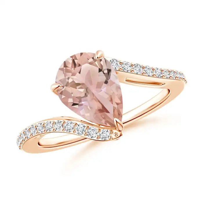 14K Gold Prong Sett Pear-Cut Natural Pink Morganite Bypass Ring with Diamond Accents High Quality Fine Jewelry Engagement Ring