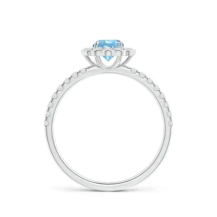 14K Pure Gold Vintage Style 5MM Natural Aquamarine Flower Shape Ring with Pave Accent Diamond Handmade Fine Jewelry Wedding Ring