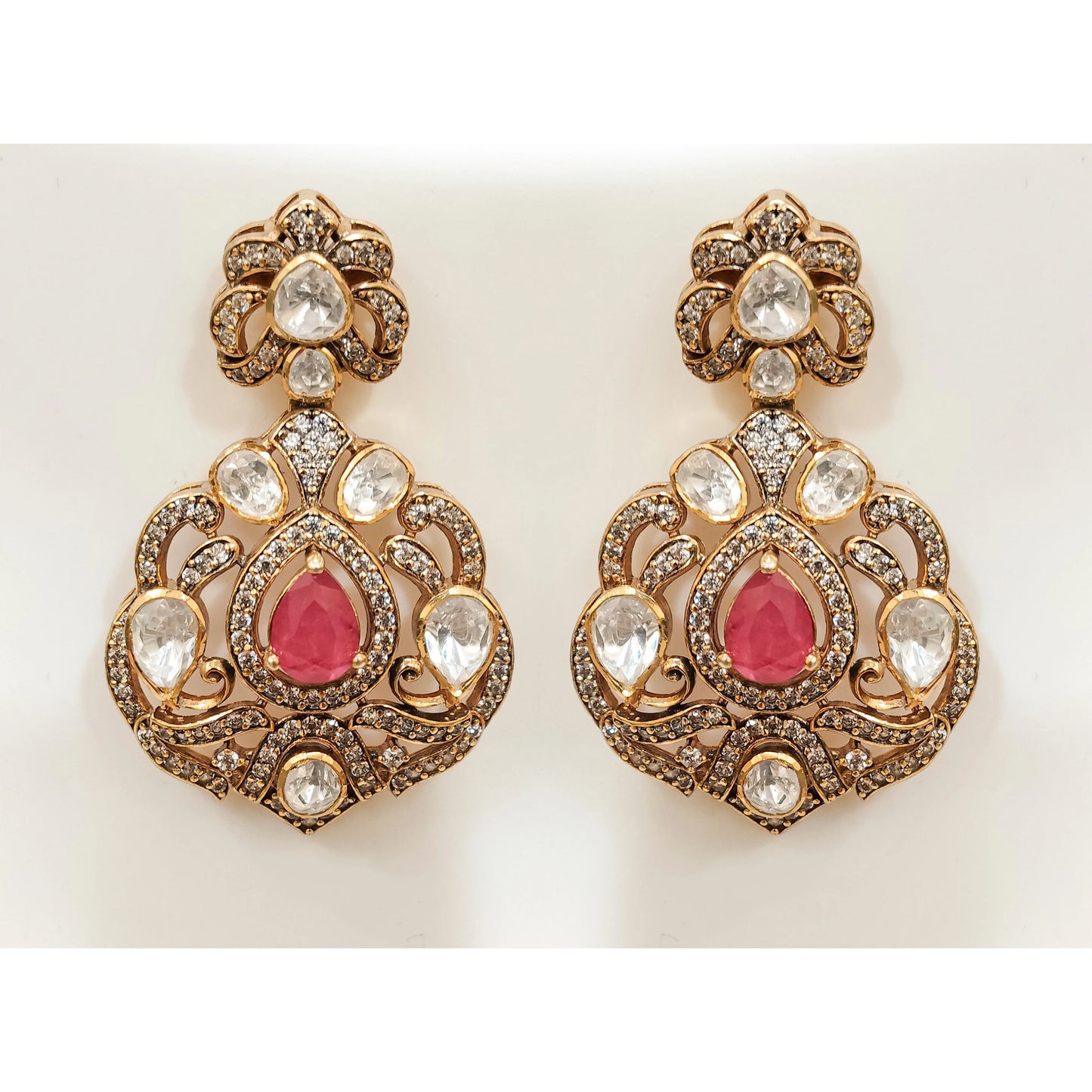 925 Silver Victorian Double Layer Ruby Polki Set Luxury Handmade Indian Bridal Antique Gold Plated Ethnic Necklace and Earrings