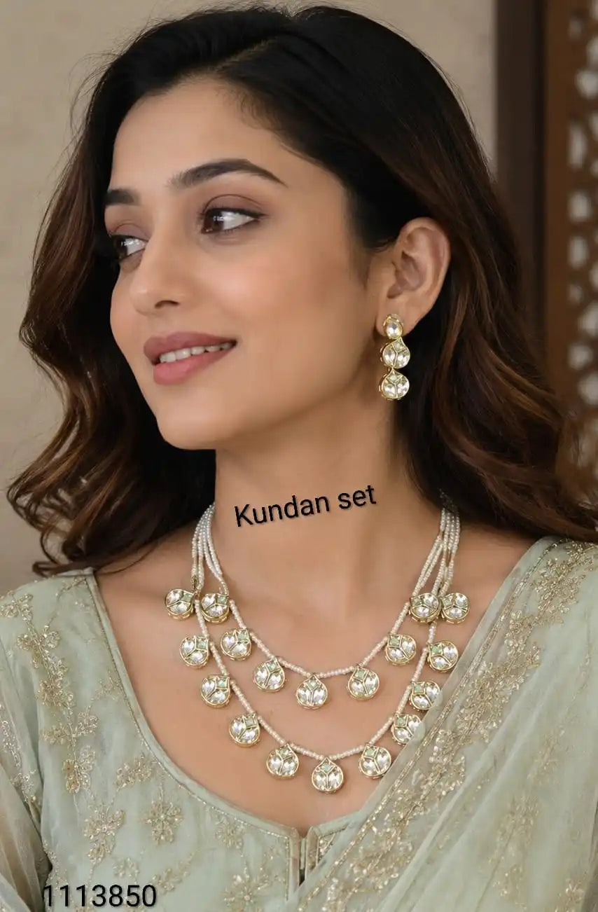 Luxury Kundan Pear l Layered Necklace Set & Green Stone Earrings Traditional Indian Bridal Wedding Jewelry for Women Party Wear