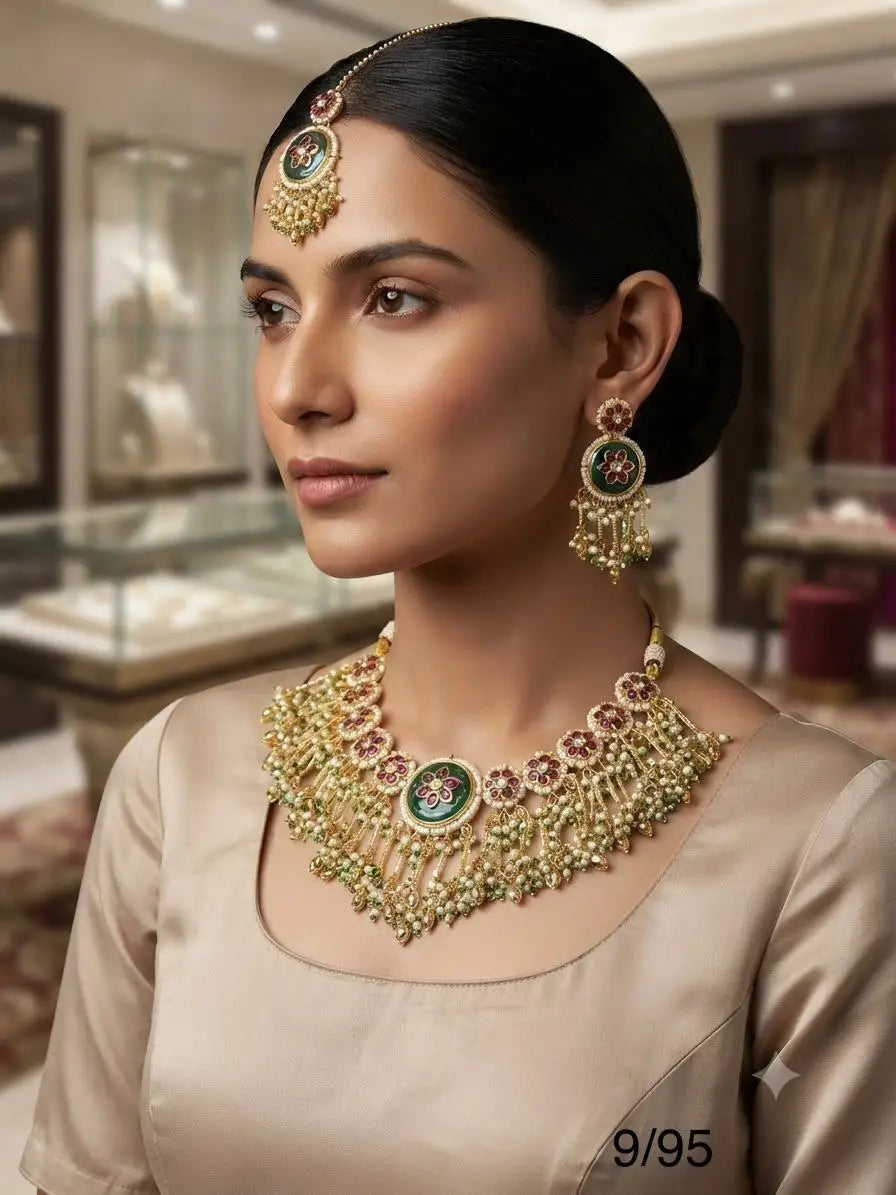 Luxury Traditional Kundan Pearl Necklace Set for Women Green Floral Bridal Wedding Party Ethnic Jewellery with Earrings Set