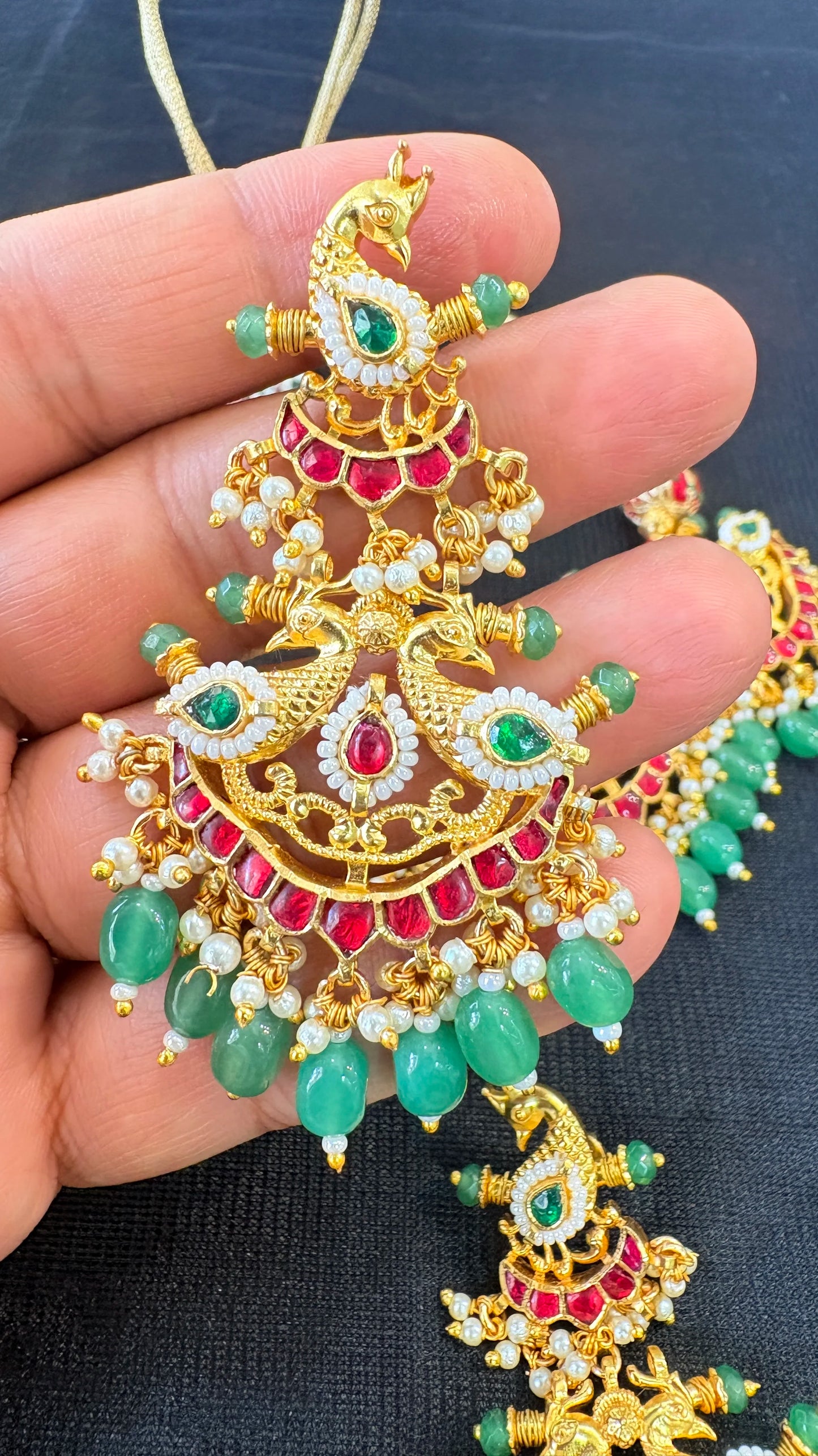 Gold Plated Ethnic Choker Necklace Set with Ruby and Green Stones Strand Tassel for Women Wedding Jewelry