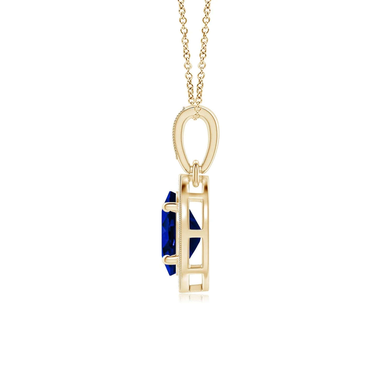 14k 18K Gold Vintage Style Oval Blue Sapphire Gemstone Pendant With Diamond Halo Sett Daily Wear Handmade Fine Jewelry Pendant