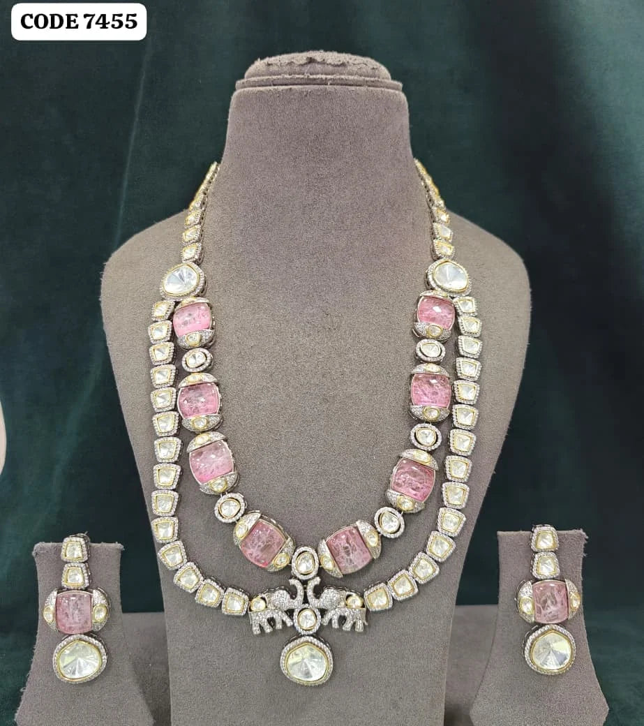 Premium Designer Green Pink Kundan Necklace Set Gold Plated Elephant Pendant Bridal Wedding Party Wear Jewelry Wholesale India