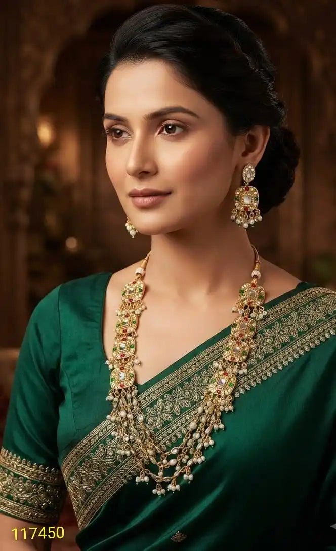 Royal Heritage Kundan Long Necklace Set Gold Plated Asscher Cut Traditional Wedding Party Premium Jewelry for Women Jewelery Set