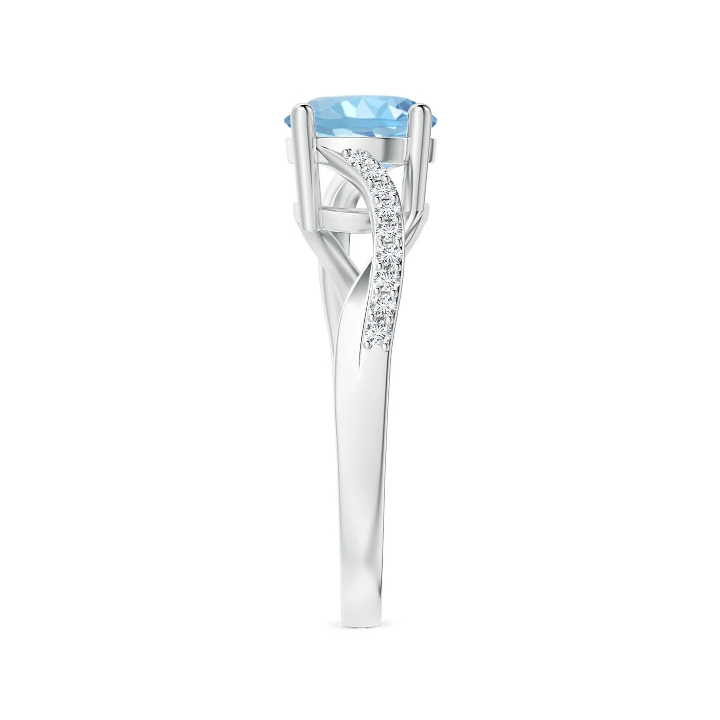 14K Solid Gold Natural Round Cut Solitaire Aquamarine Twisted Split Shank Ring Pave Setting Diamond Band Unique Engagement Ring