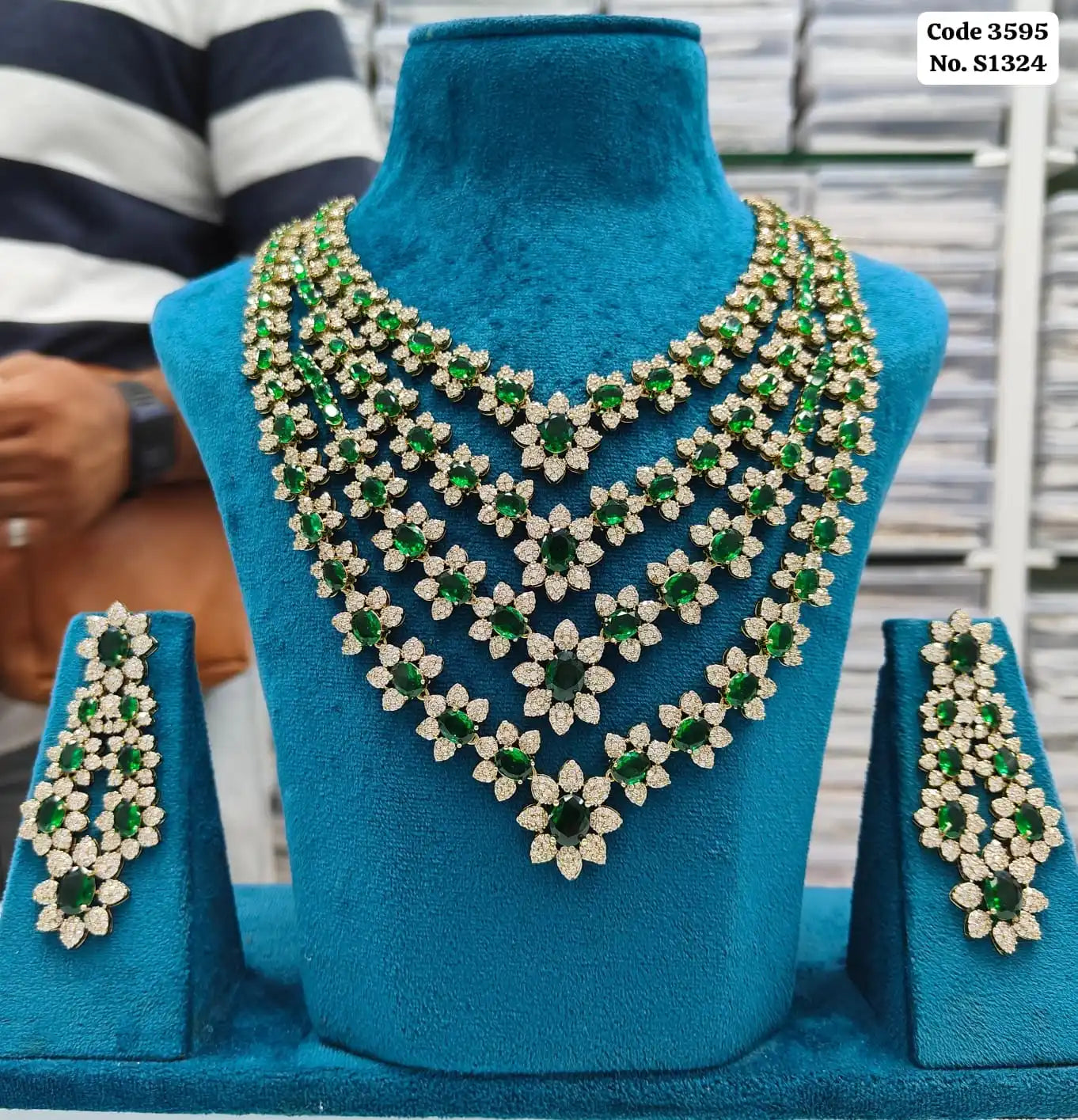 Elegant Emerald Green & AD Accented Multi-Tiered Step Necklace Set with Earrings Set For Women