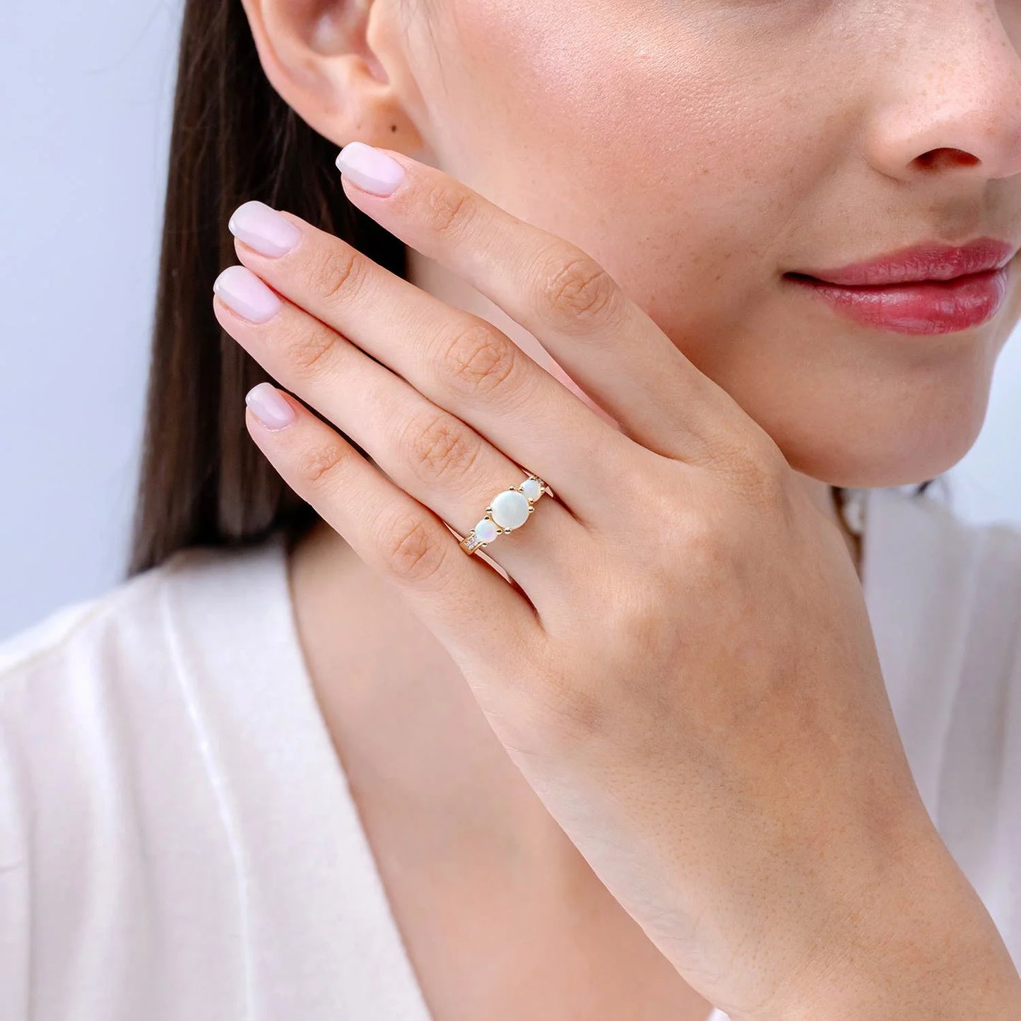 14k Solid Gold 7mm & 4mm 2.20 Ctw Round Cut Opal With pave Accent Diamond Ring Three Stone Prong Sett Trilogy Ring Fine Jewelry