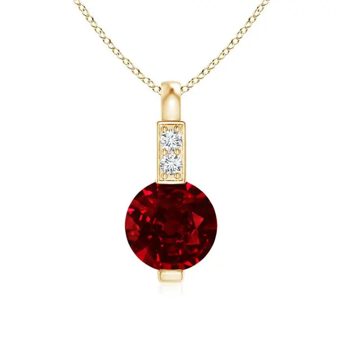 14K Gold IGI Certified Natural 5mm Round Cut 0.45 Ct Red Ruby Solitaire Pendant With Diamond Bale Classic Handmade Fine Jewelry
