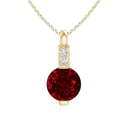 14K Gold IGI Certified Natural 5mm Round Cut 0.45 Ct Red Ruby Solitaire Pendant With Diamond Bale Classic Handmade Fine Jewelry