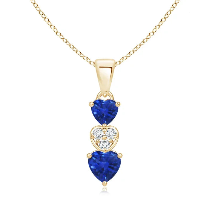 14K Pure Gold Natural Heart Cut Blue Sapphire & Diamond Dangling Three Heart Pendant IGI Certified Romantic Fine Jewelry Pendant