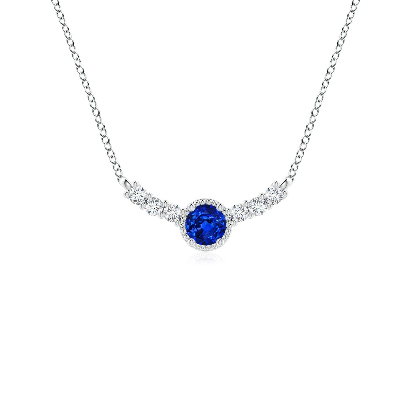 2.9G 14K Pure Gold Real Round 0.15Ctw Blue Sapphire With 0.11 Ct Diamond Curved Bar Pendant Vintage Inspired Top Quality Pendant
