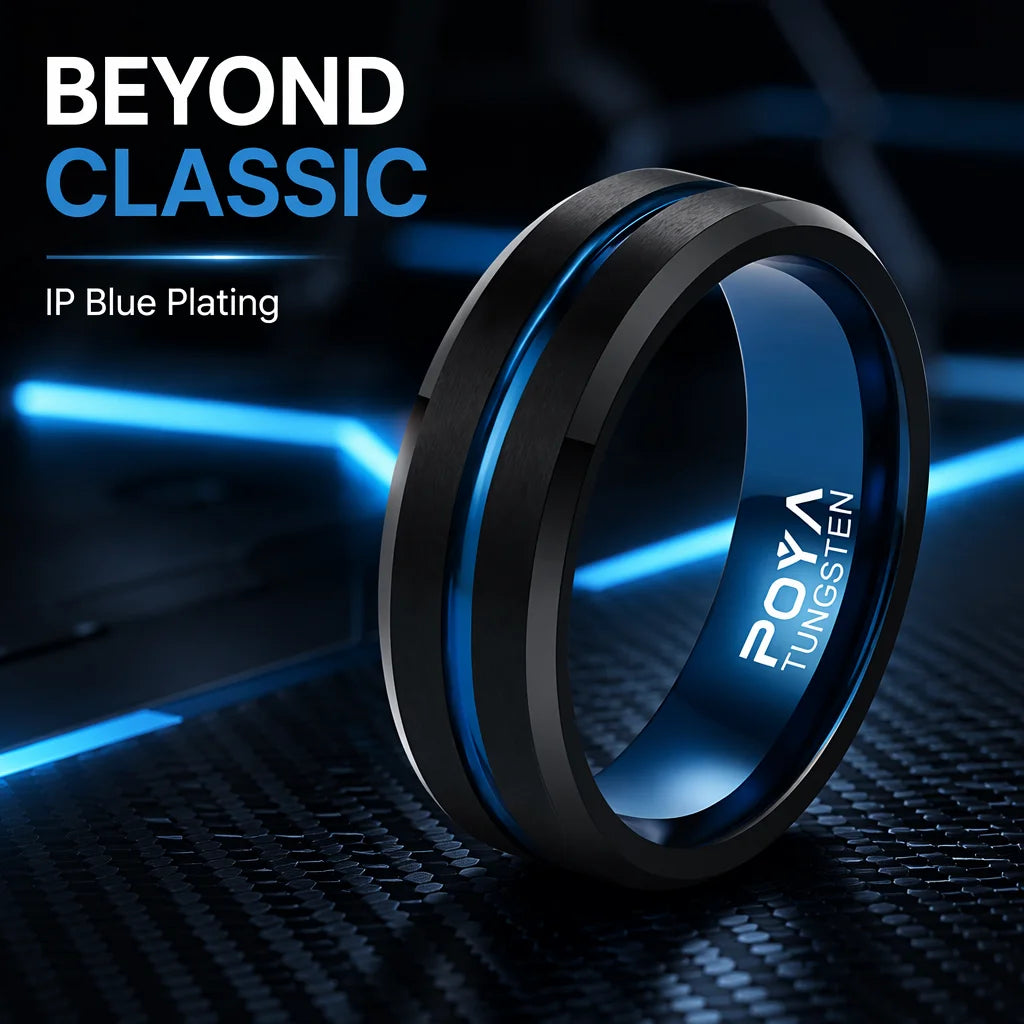 Custom High End 8mm Black Blue Brushed Mens Womens Tungsten Carbide Ring Fashion Band for Wedding Anniversary