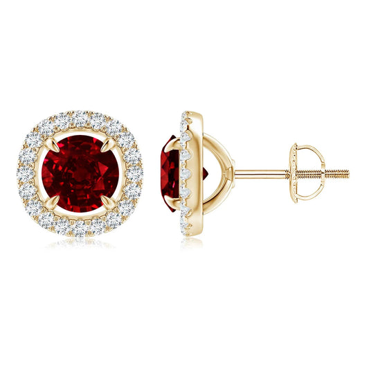 14kt Yellow Gold Natural Ruby Halo Stud Earrings, Round Ruby Diamond Earrings, Screw Back Fine Jewelry for Women Gift for Wife