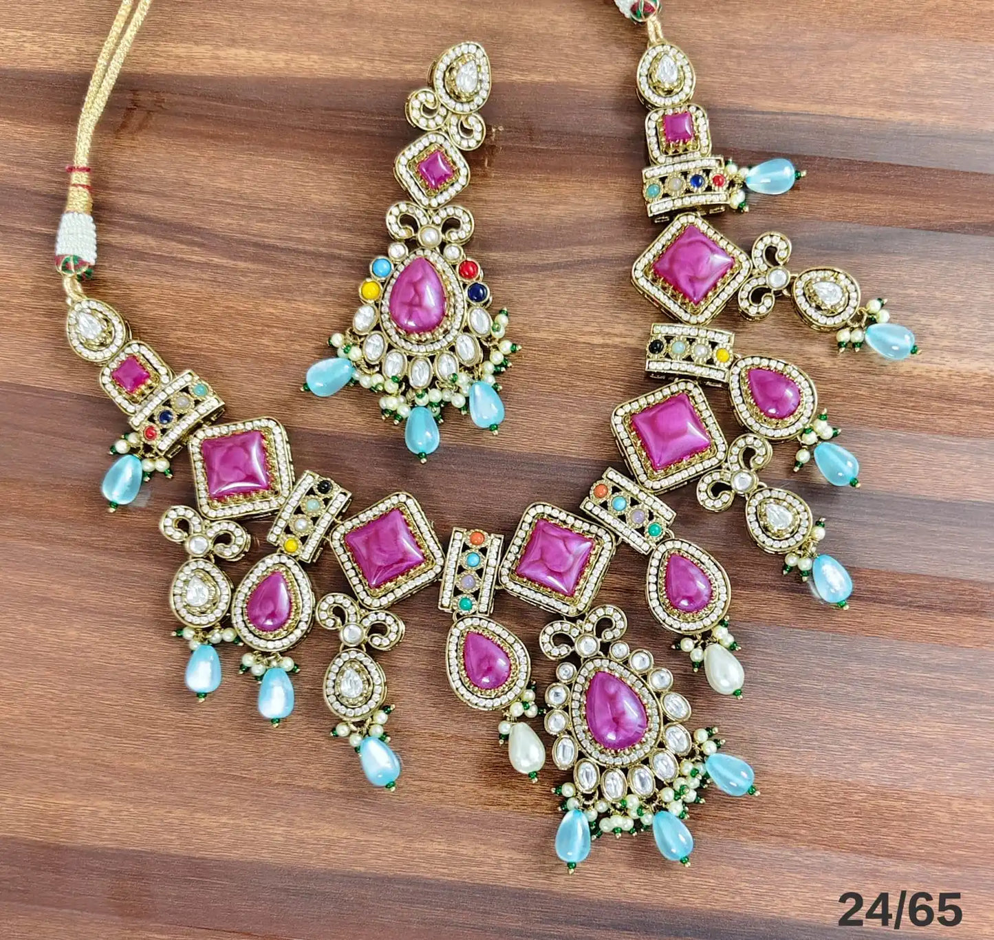 Luxury Turquoise Pink Kundan Necklace Set with Statement Earrings Traditional Bridal Party Wear Designer Jewelry Collection Set
