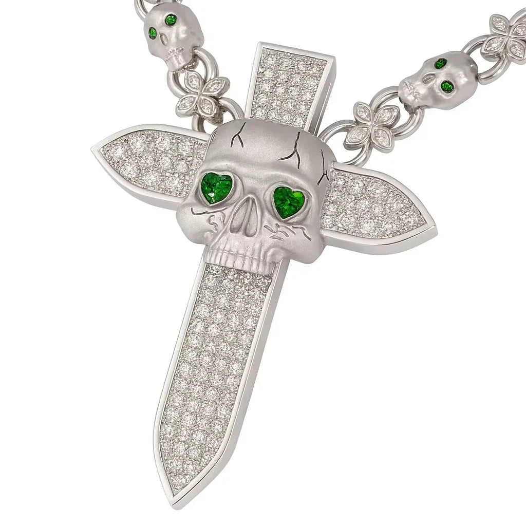 BiG-BOSS Iced Skull Sword Pendant Necklace Green Bezel Setting Moissanite Eyes 925 Sterling Silver for Men Hip Hop Gothic Luxury Fashion