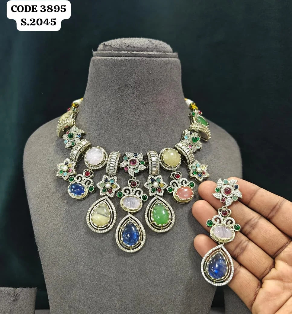 Luxury Antique Silver Finish Victorian Necklace Set with Green White Stones Designer Bridal Wedding Party Jewelry Set