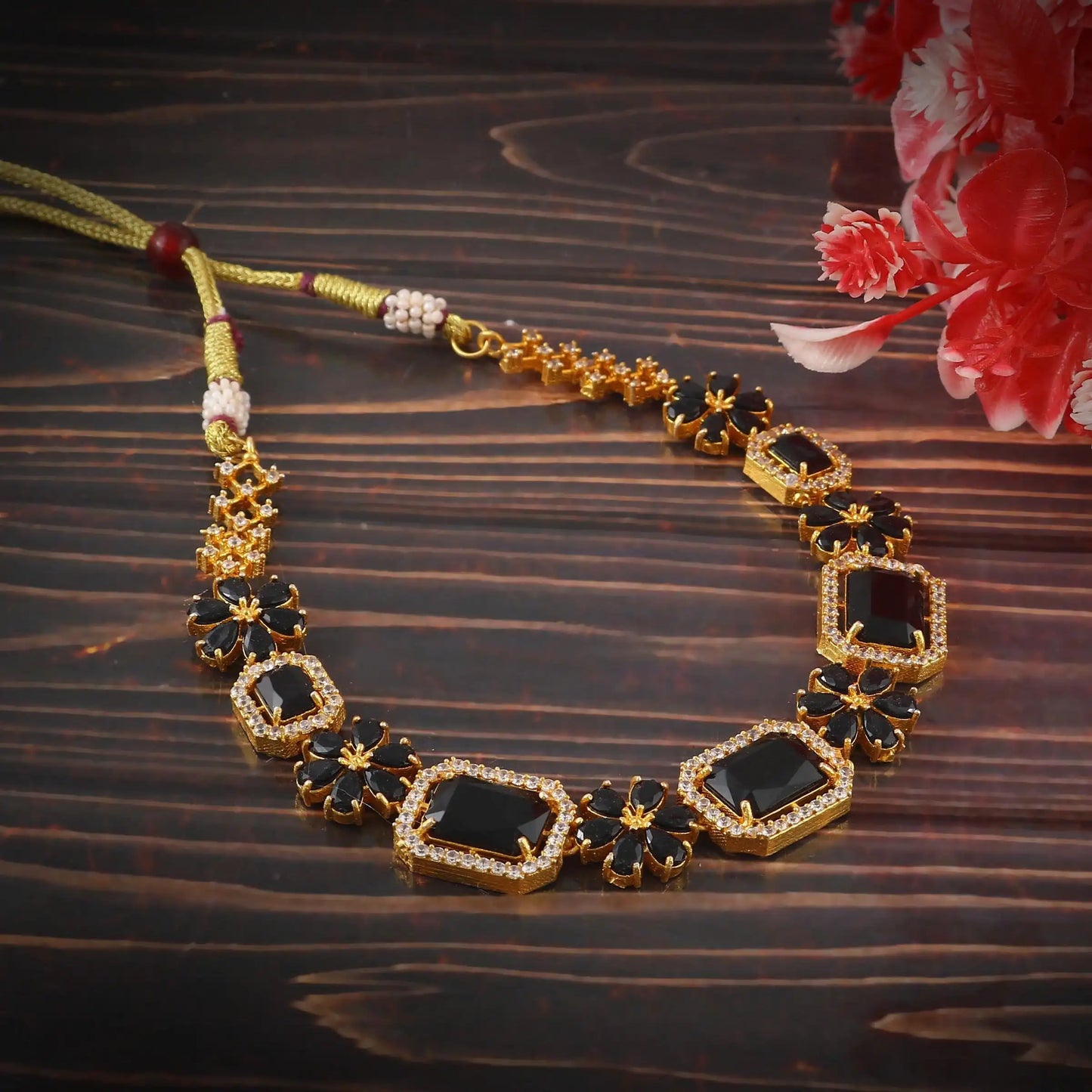 Gold Plated Brass Black Onyx & Zircon Necklace Set-Adjustable with Earrings-Geometric Design for Indian Wedding