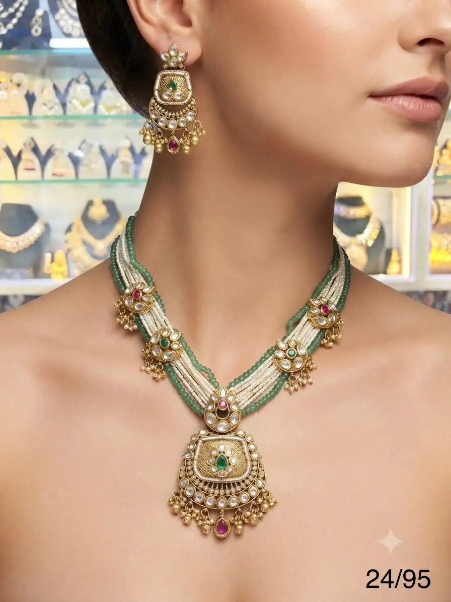 Luxury AD Polki Pearl Layered Necklace Set Gold Plated Traditional Indian Bridal Wedding Party Jewellery for Women Indian set