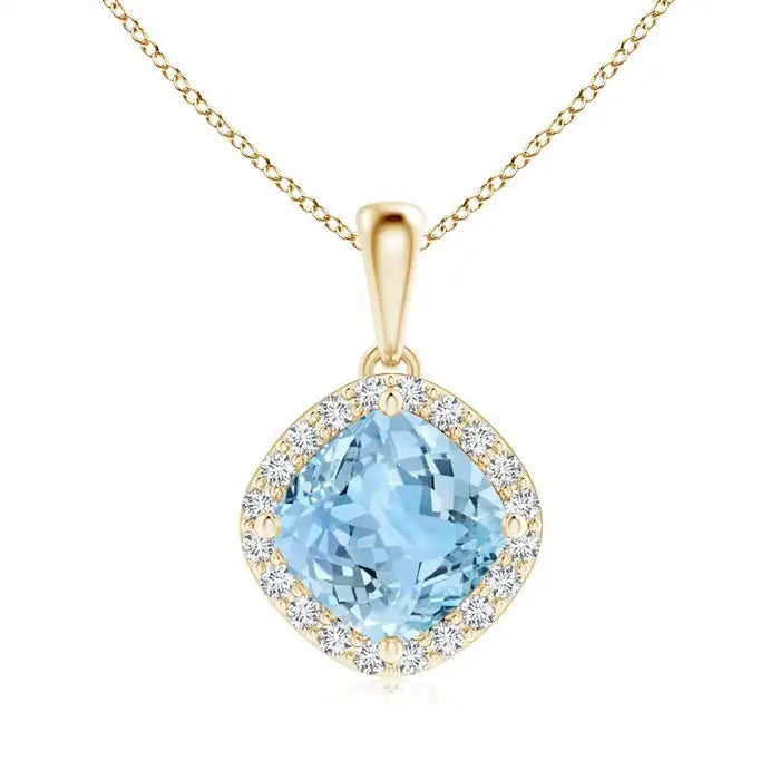 14K Solid Gold IGI Certified Sideways Cushion Cut Aquamarine And Pave Sett Accented Diamond Halo Pendant Fine Jewelry For Sale