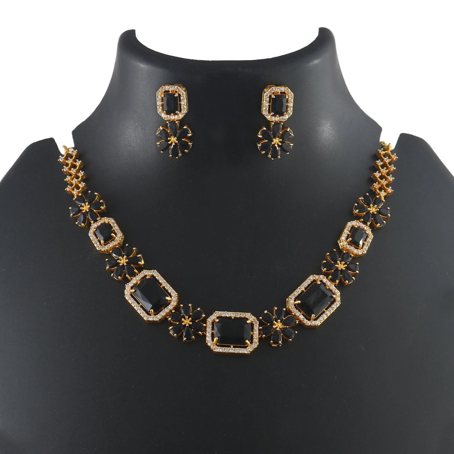 Gold Plated Brass Black Onyx & Zircon Necklace Set-Adjustable with Earrings-Geometric Design for Indian Wedding