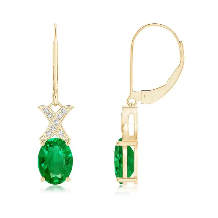 14Kt Yellow Gold Oval Emerald Drop Earrings Diamond Infinity Leverback Dangle Fine Jewelry for Women Gift for Fiance