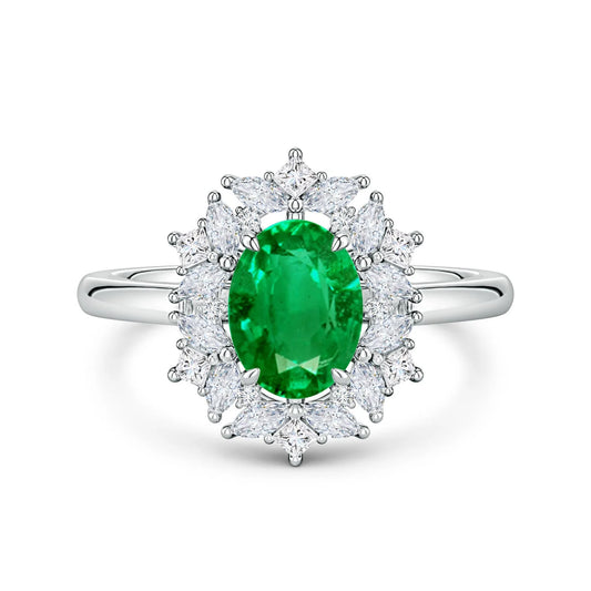 14K Pure Gold Women's Classic Oval Cut Green Emerald With Multi Shape Diamond Ring Halo Round Brilliant Diamond Engagement Ring