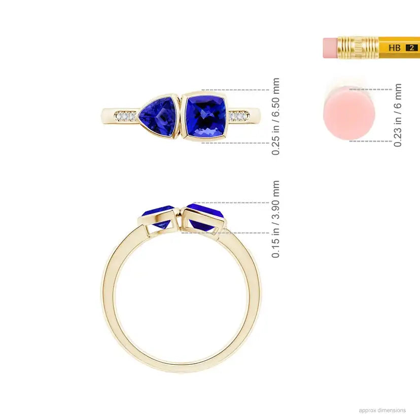 Cushion & Trillion Tanzanite Sagittarius Two Stone Ring Handmade Customized Fine Jewelry Wedding 14K Solid Gold