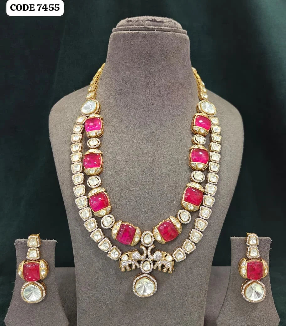 Premium Designer Green Pink Kundan Necklace Set Gold Plated Elephant Pendant Bridal Wedding Party Wear Jewelry Wholesale India