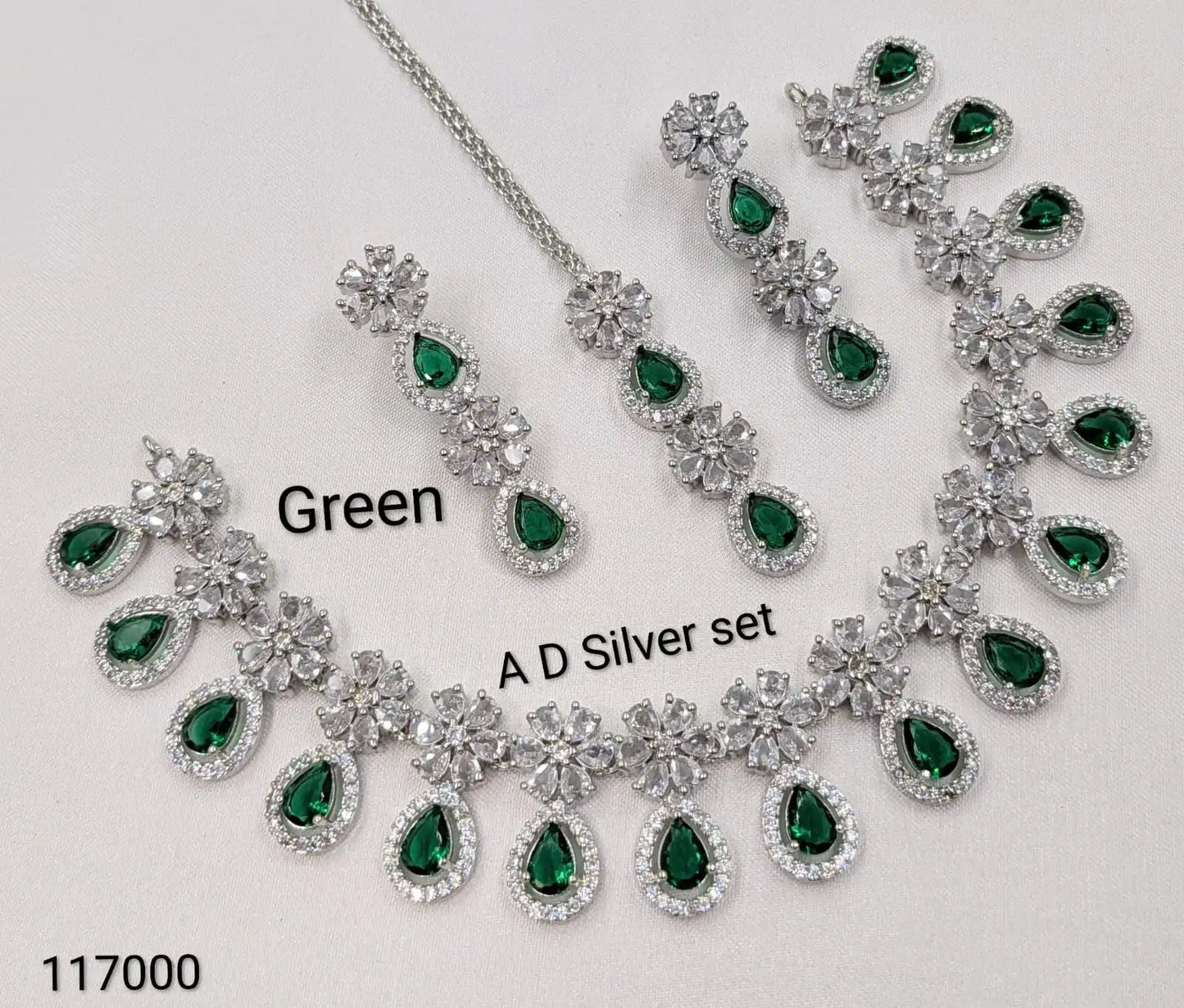 Luxury Green Cubic Zirconia Bridal Jewelry Set Silver Plated Necklace Earrings & Maang Tikka Wedding Party Wear and Occasionally