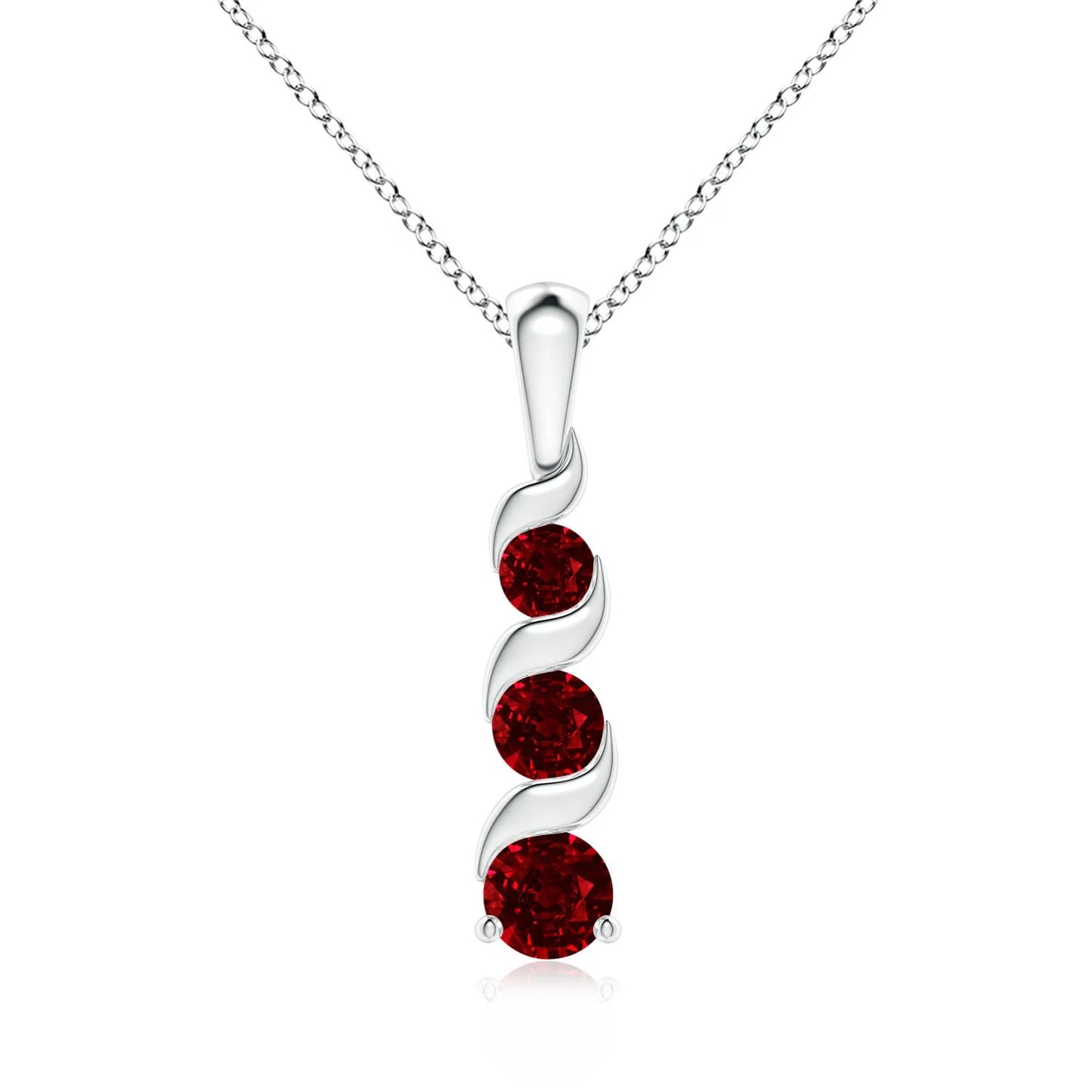 14K Solid Gold Channel-Set Round Cut Ruby Three Gemstone Journey Pendant Link Chain Necklace Party Wear Unique Spiral Pendant