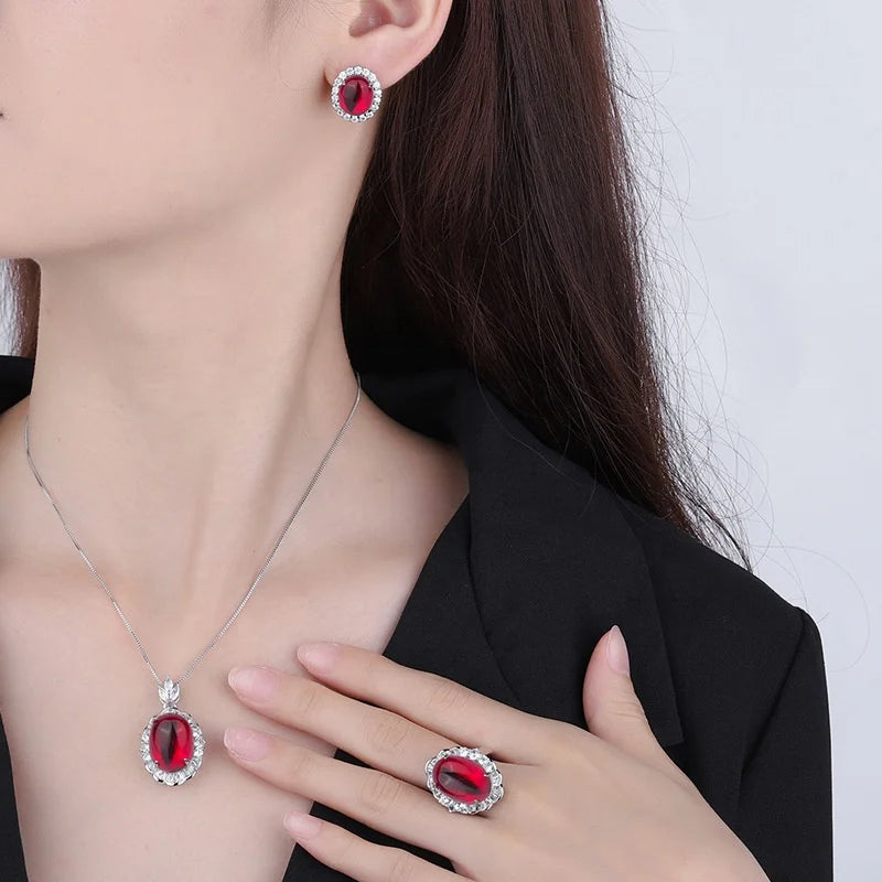 Gemfiori Luxury Pigeon Blood Ruby Jewelry Set Cabochon Cut Red Gem Halo Pendant Necklaces Earring Rings Timeless Classic Elegant Wedding