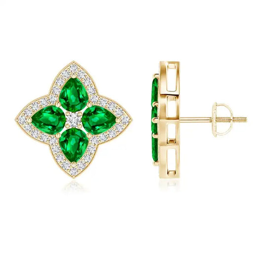 Pear Cut Emerald Diamond Floral Stud Earrings 14kt Solid Gold  Halo Fine Jewelry OEM Wholesale Manufacturer Gift for Fiance