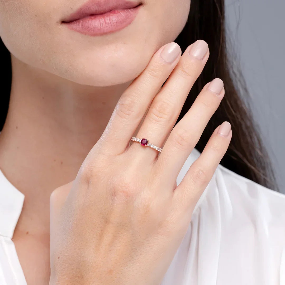 14K Solid Gold Classic Solitaire Ruby Promise Ring with Pave Diamonds Handmade Customized Fine Jewelry Wedding Engagement Ring