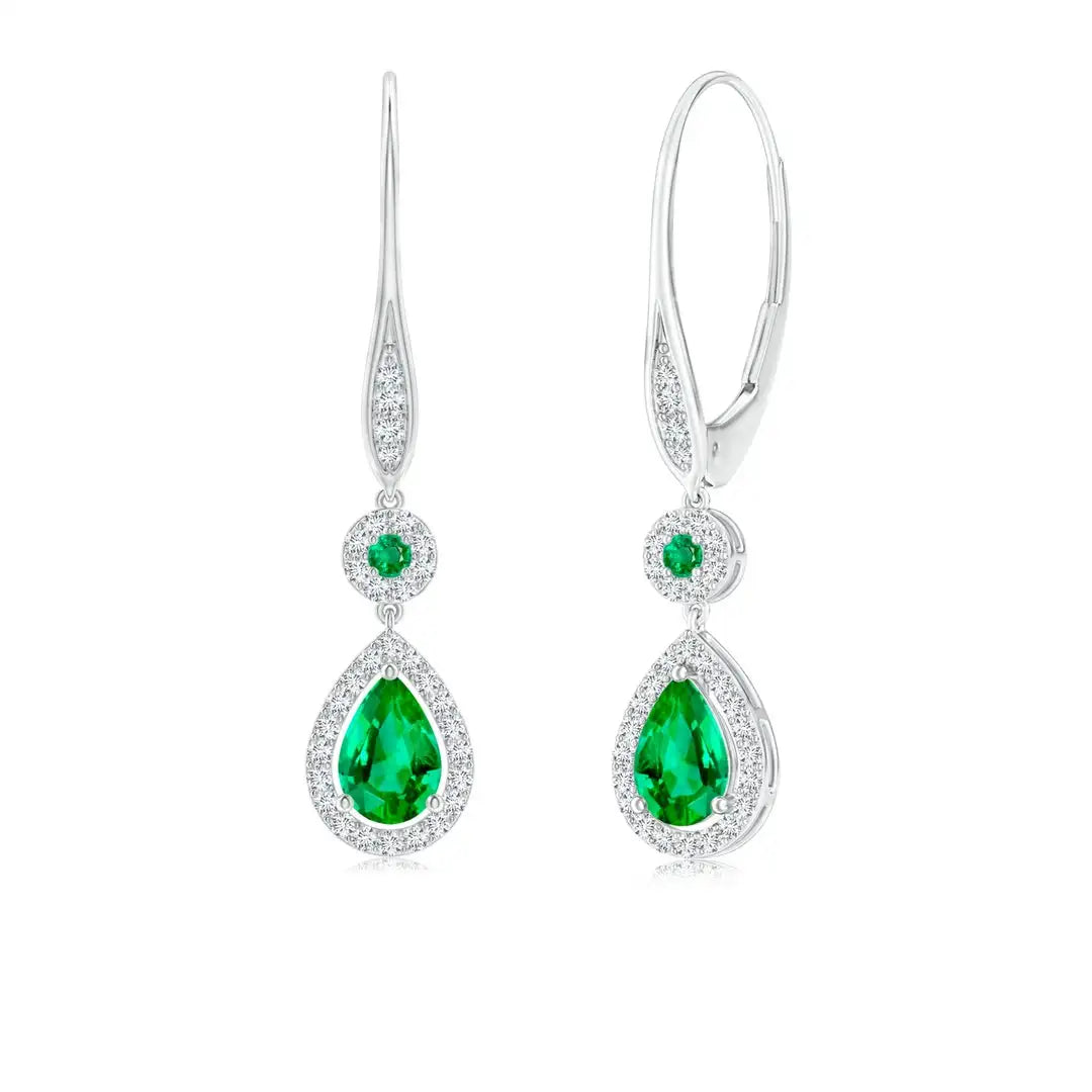 14kt Rose Gold Pear Emerald Halo Drop Dangle Earrings With Diamond Accents Women's Wedding Jewelry