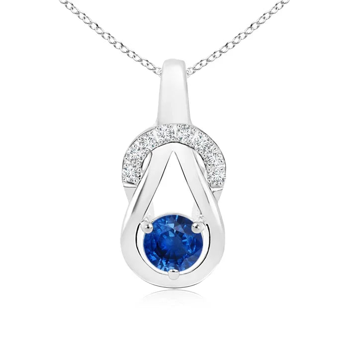 Authentic 14K 18K Solid Gold Natural 5MM Round 0.45Ct Blue Sapphire Infinity Knot Pendant With 0.1Ct Diamonds For Necklaces