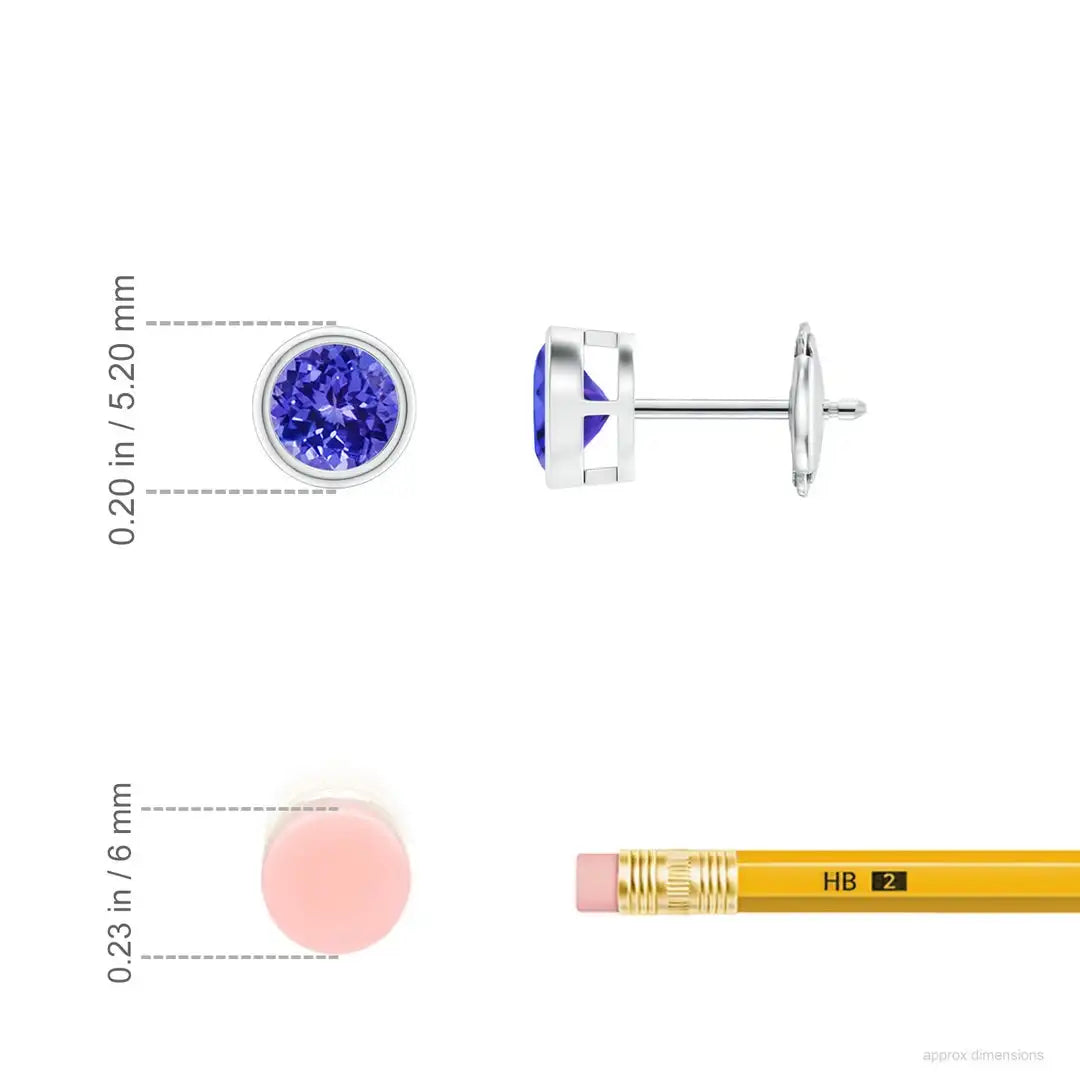 Natural Blue Tanzanite Stud Earrings 14kt Solid Gold Bezel Set Round Cut Minimalist Fine Lightweight Comfortable Wear Jewelry