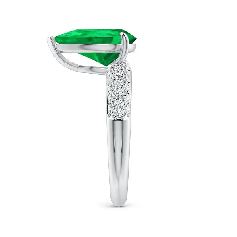 14K Solid Gold Off-Centered Pear Emerald Engagement Ring with Diamond Accents Handmade Customized Fine Jewelry Wedding