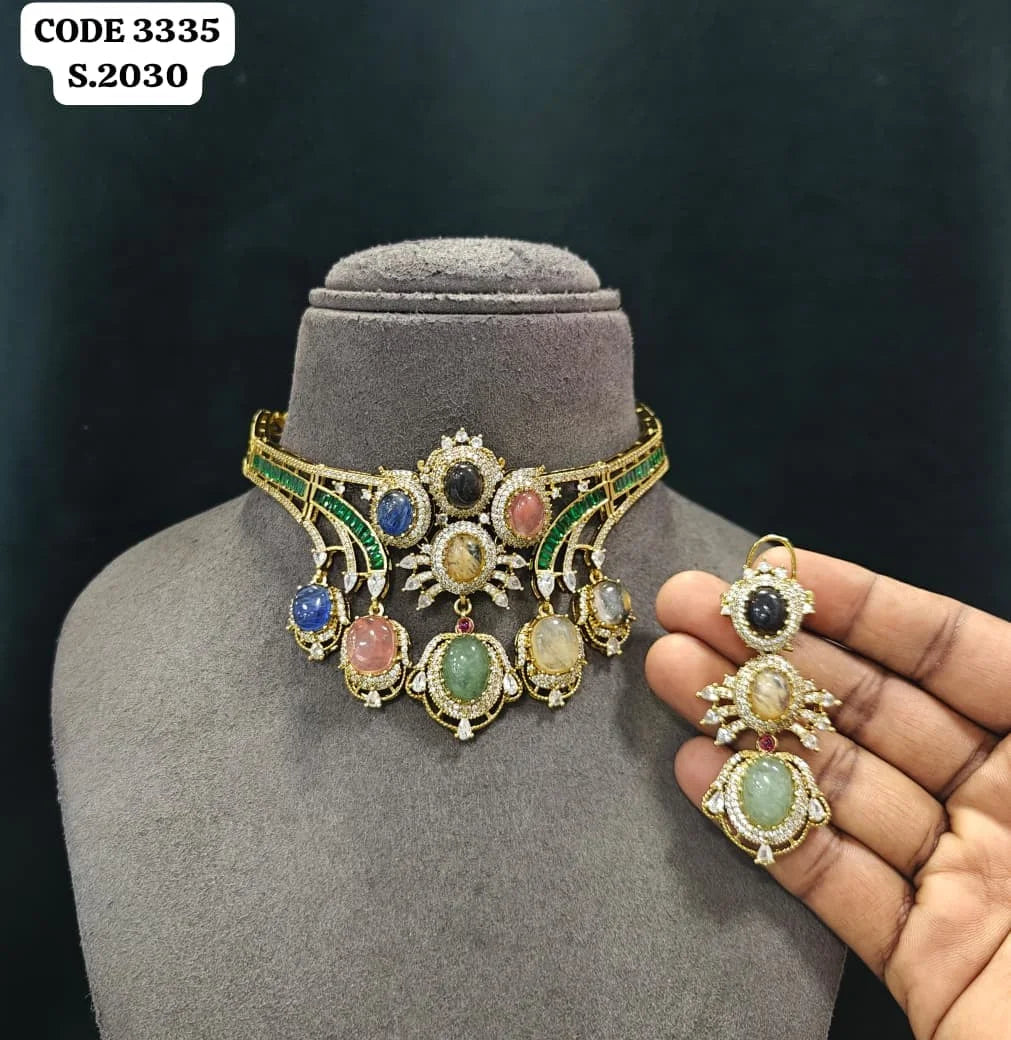 Luxury Multi Stone Bridal Choker Necklace Set for Women Wedding Party Designer Ethnic Jewelry Gift Collection Premium Set