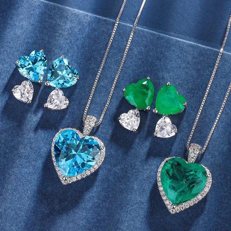 Gemfiori Luxury Colorful Crystal Heart Shaped Pendant Necklace Earring Jewelry Set for Women Valentines Day Wedding Romantic Jewelry Gift
