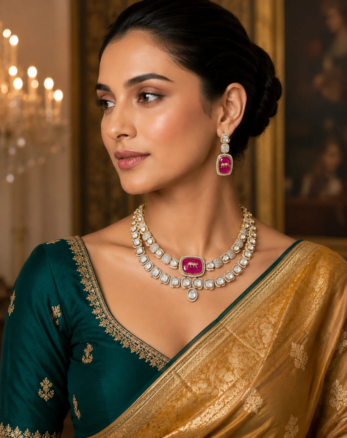 Luxury CZ Kundan Necklace Set for Women Gold Plated Bridal Wedding Party Designer Jewelry with Earrings Pink Pendant For Women