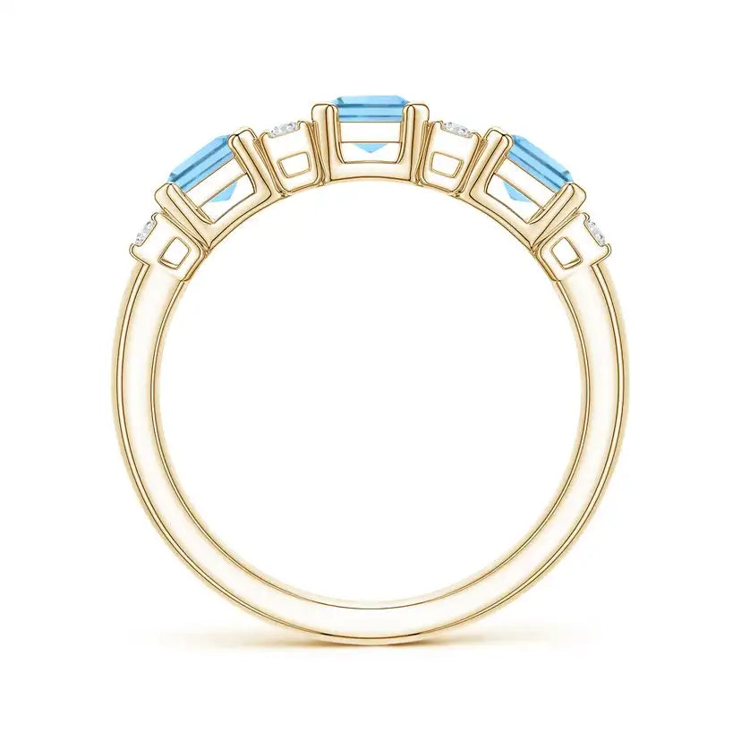 Natural Aquamarine Gemstone Emerald Cut 6*4 mm Natural Diamonds Halo Fine Jewelry IGI Certified Color 14K Solid Solid Gold Ring