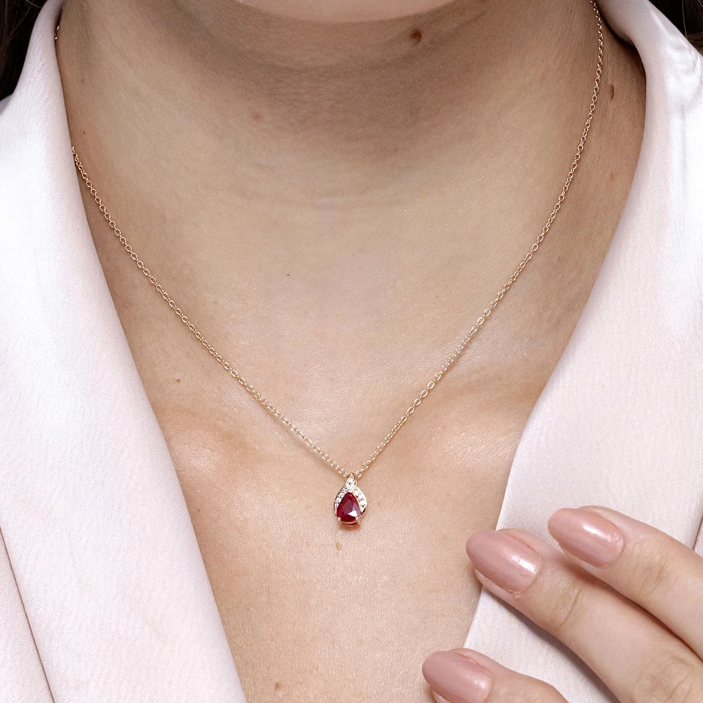 14K Solid Gold Solitaire Pear-Cut Natural Red Ruby Gemstone With Round Diamond Flame Design Pendant Unique Fine Jewelry Necklace