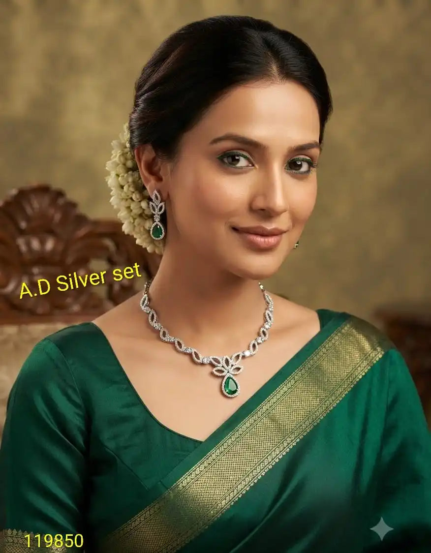 Luxury AD Silver Bridal Necklace Set with Emerald Pear Stone, Premium Wedding Party Wear Jewelry with Matching Earrings Set